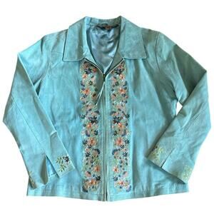 Women’s Saddle Ridge Leather Suede Floral Embroidered Jacket Blue Large